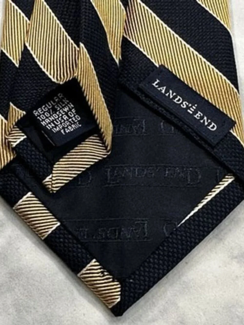 Necktie REPP Lands' End 100% Silk Mens Striped Blue Gold Tie 61 1/2 x 3 3/4 EUC